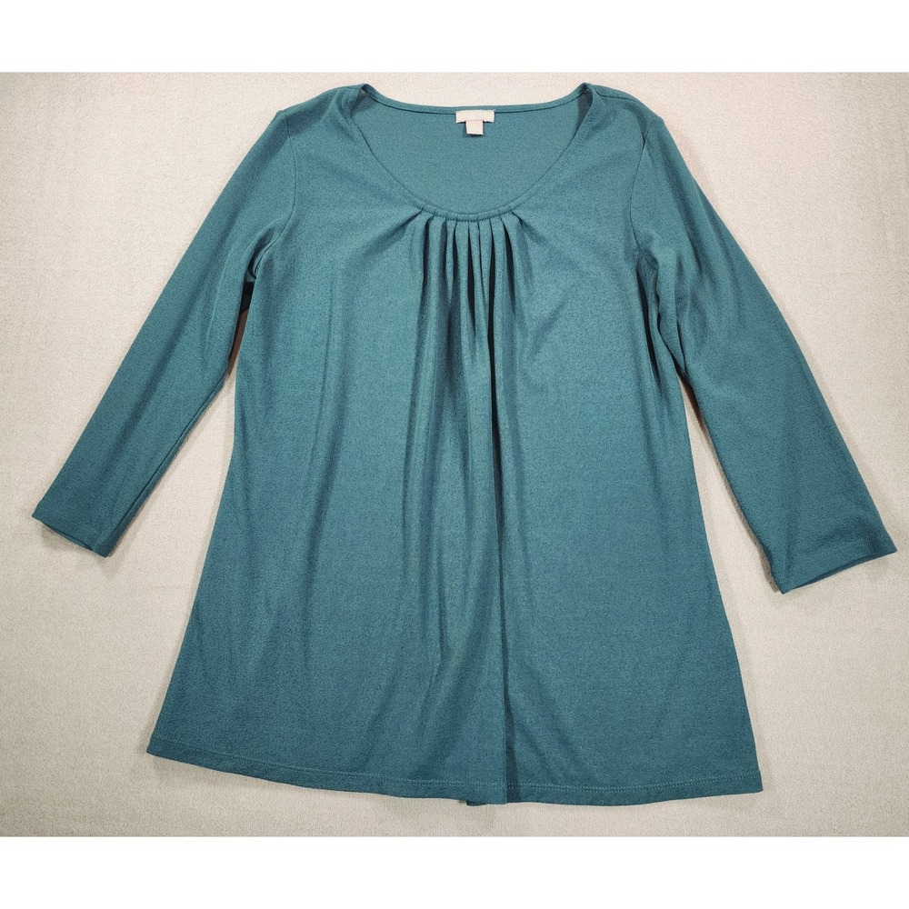 J Jill Small Blue Green Scoop Neck 3/4 Sleeve Pleated Front Tunic Office Flowy